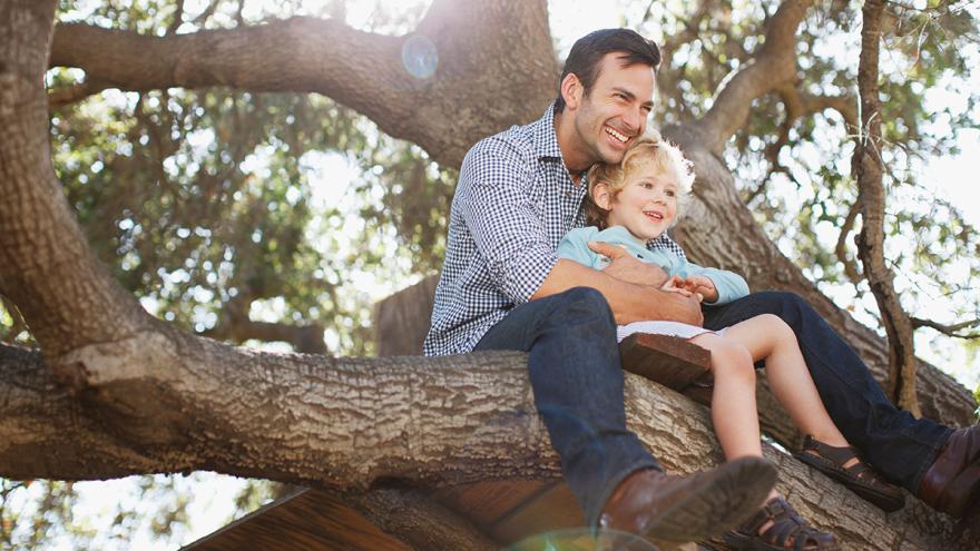 Vater und Sohn sitzen lachen auf einem Baum, der Vater hält das Kind fest