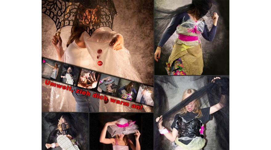 Collage von Fotos der "Kleidungsstücke", die aus Plastikmüll angefertigt wurden