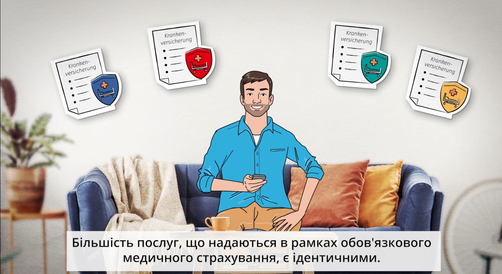 Ein Mann sitzt auf einem Sofa, über ihm erscheinen Symbole für verschiedene Versicherungsarten
