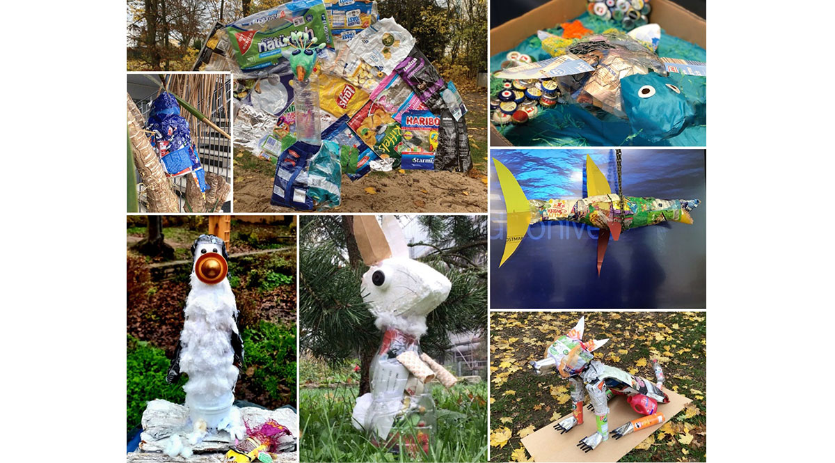 Collage von Fotos der aus Plastikmüll angefertigten Tiere