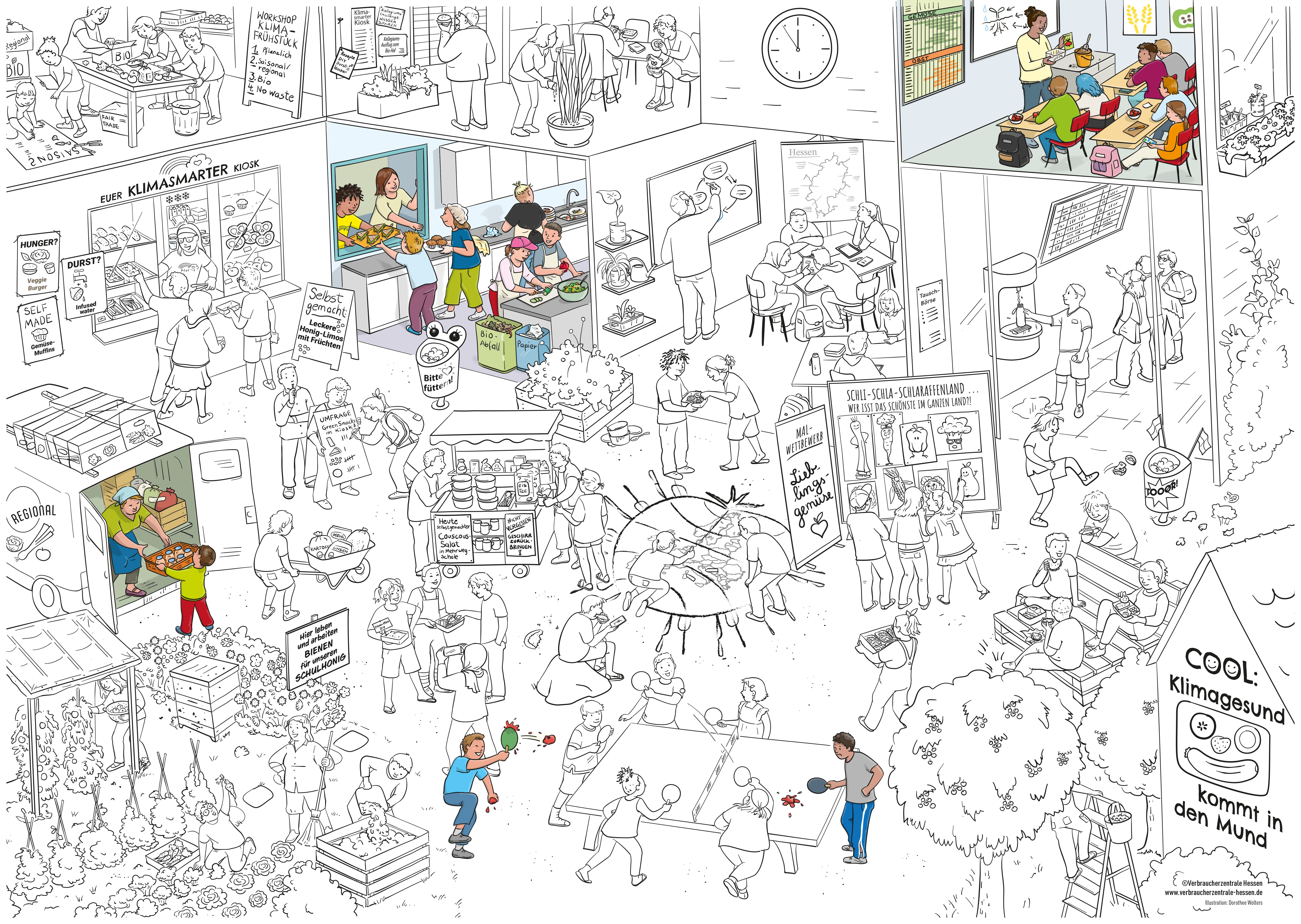 Das Wimmelbild zeigt einen Schulhof und eine Schule, auf der positiver und neagtiver Umgang mit Lebensmitteln dargestellt wird  