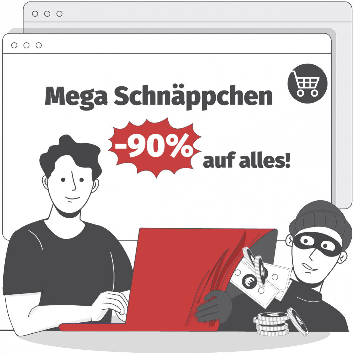 Visuelle Darstellung eines Online-Shops. Darauf eine Lupe.