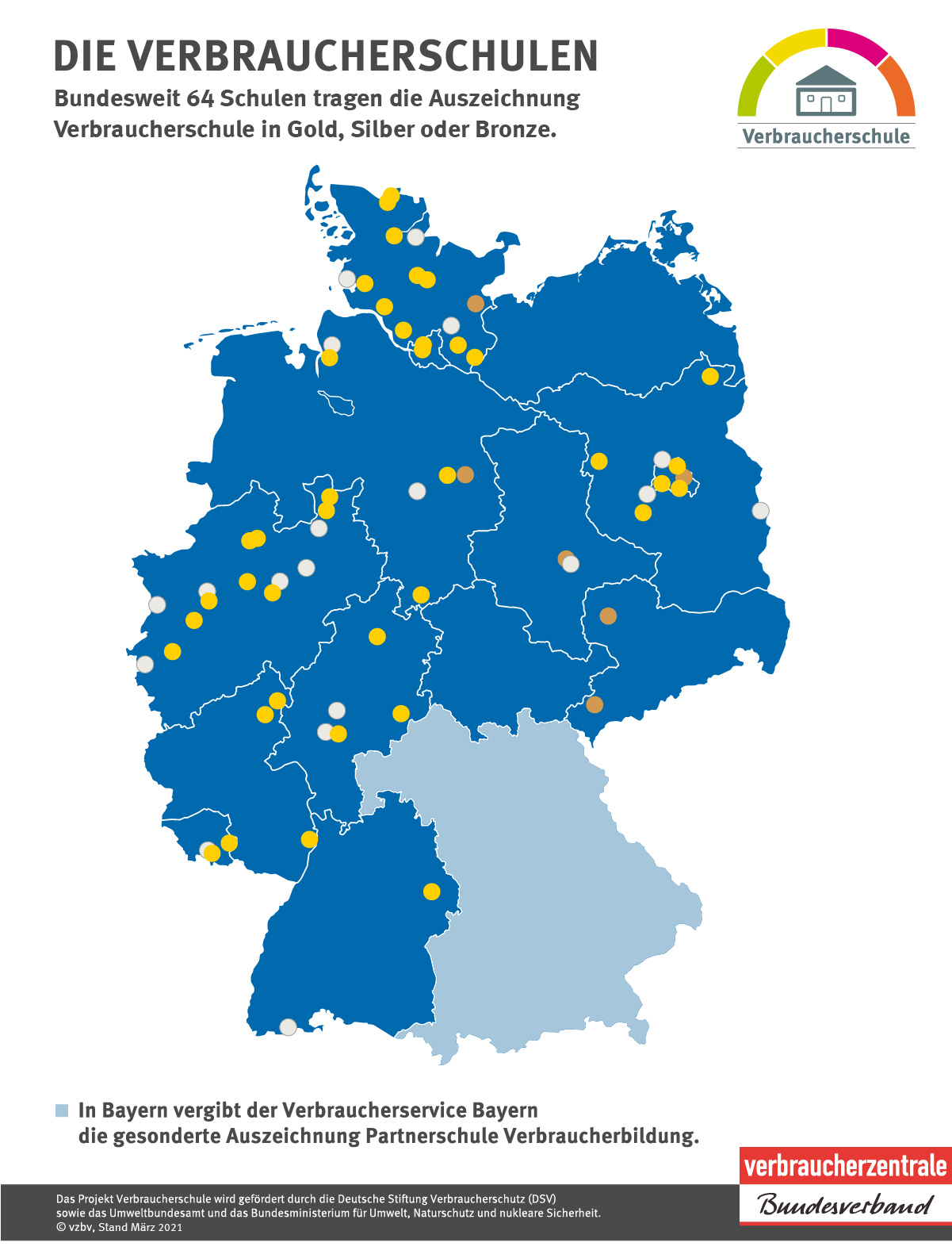 Deutschlandkarte mit eingezeichneten Standorten der Verbraucherschulen