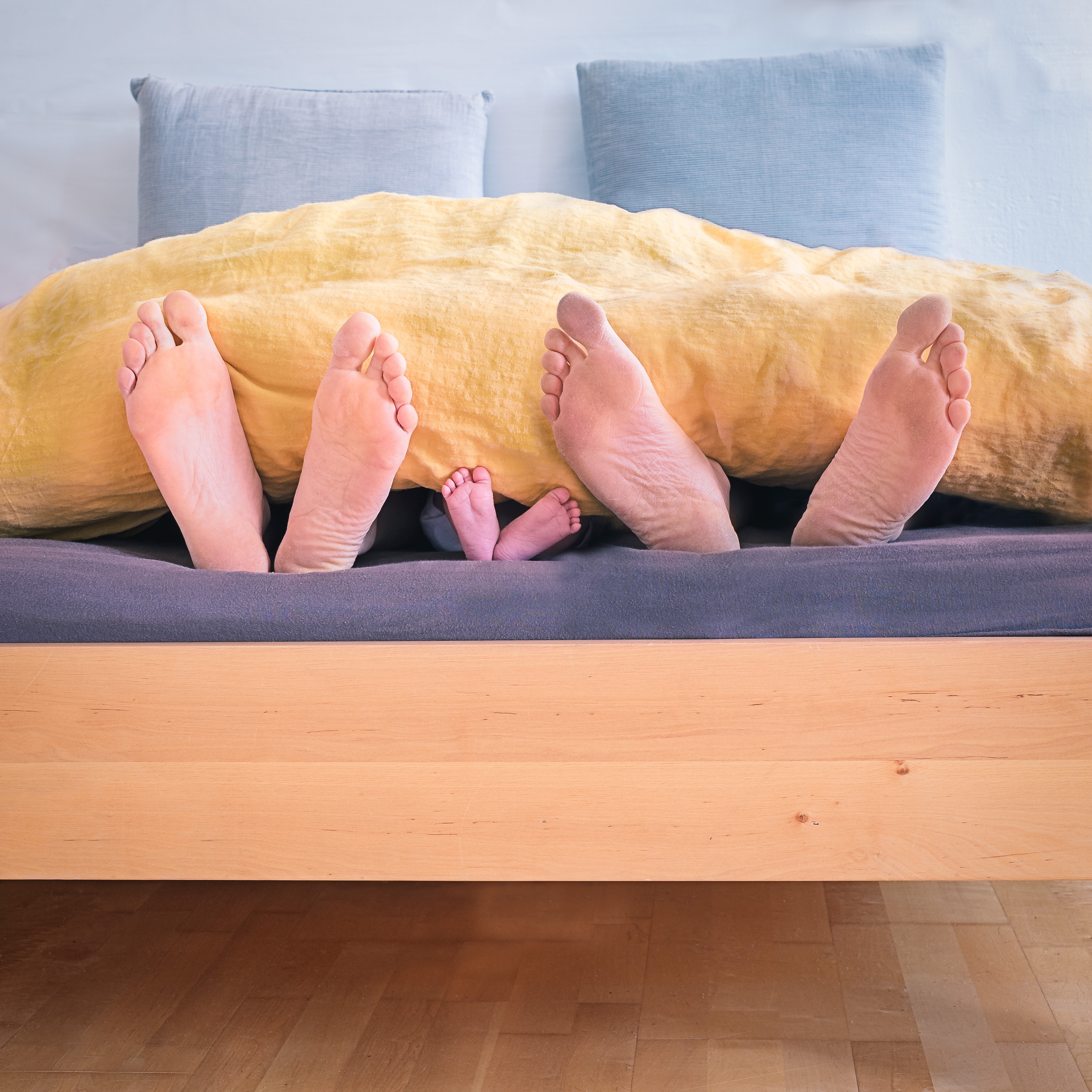 Drei Paar Füße (Eltern und Kind) schauen unter einer Bettdecke vor