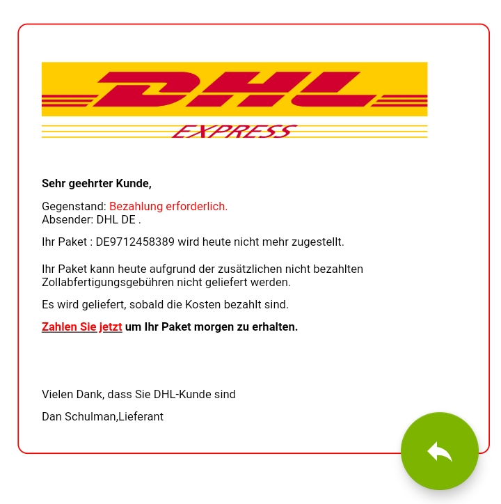 Gefälschte E-Mail, angeblich von DHL, mit Aufforderung zur Zahlung 