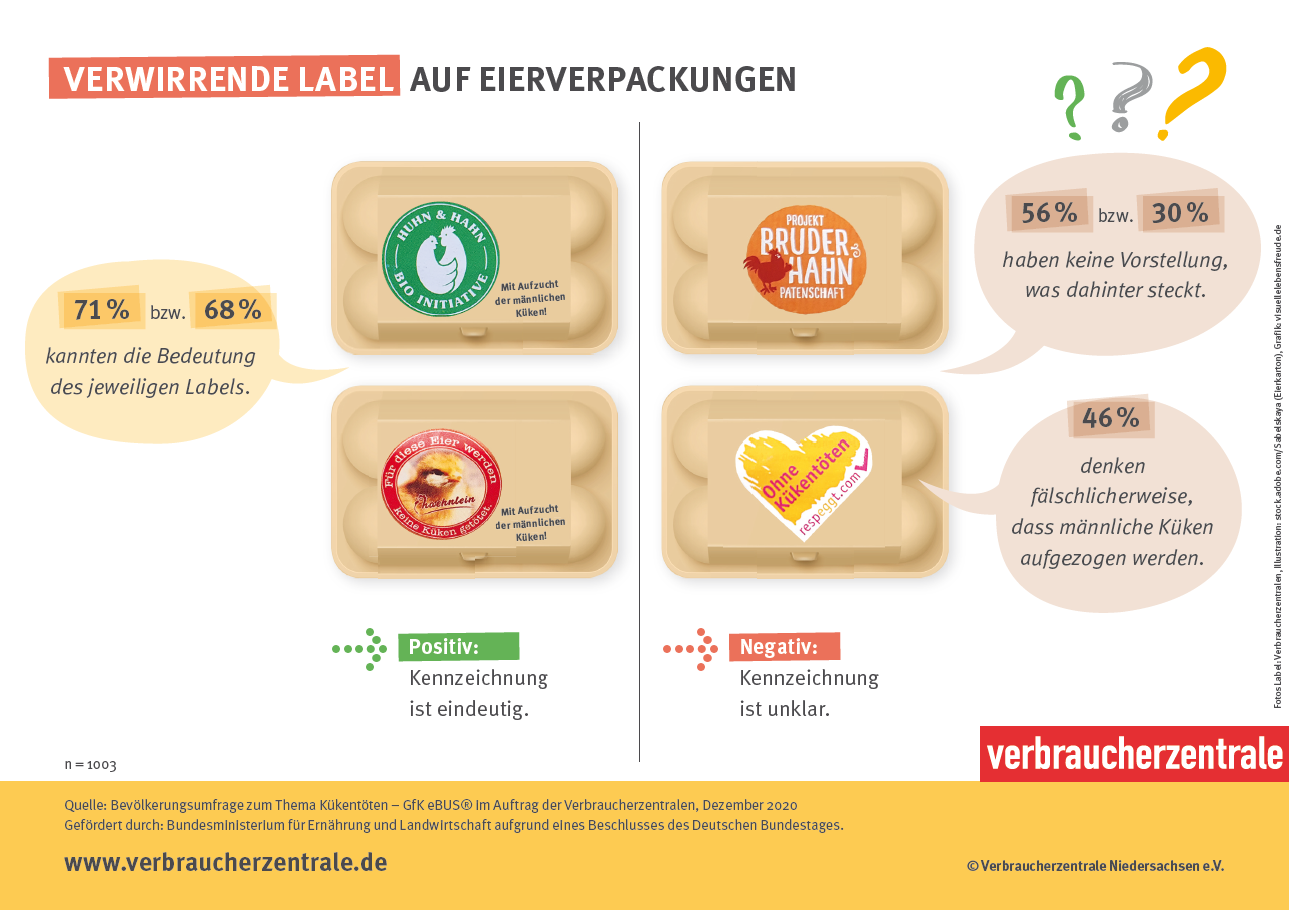 Die Grafik zeigt die verschiedenen Label auf Eierverpackungen sowie häufige Antworten der Befragten dazu.