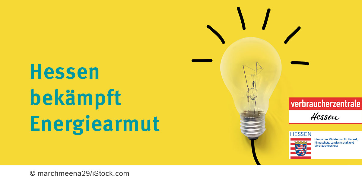 Gelbe Glühlampe als Logo der Kampagne "Hessen bekämpft Energiearmut" und Link zur Beschreibung der Beratung