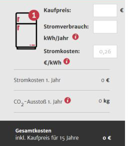Screenshot Kühlschrank-Rechner