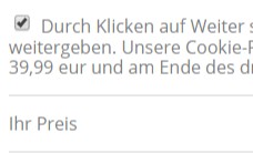 Das Kleingedruckte der Fake-Paketbenchrichtigung, in dem Kosten von 39,95 Euro für ein Abonnement stehen