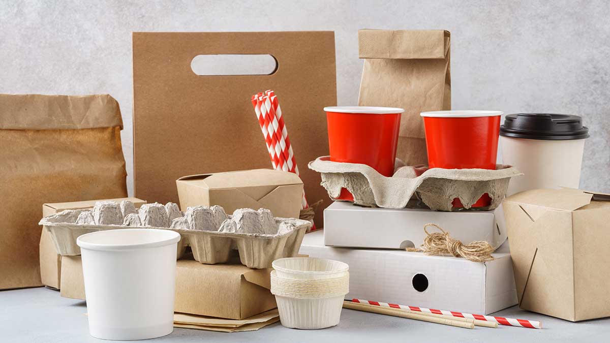 Plastik-Alternativen: Verpackungsmaterialien aus Papier: Tüten, verschiedene Becher, Eierkartons, Strohhalme
