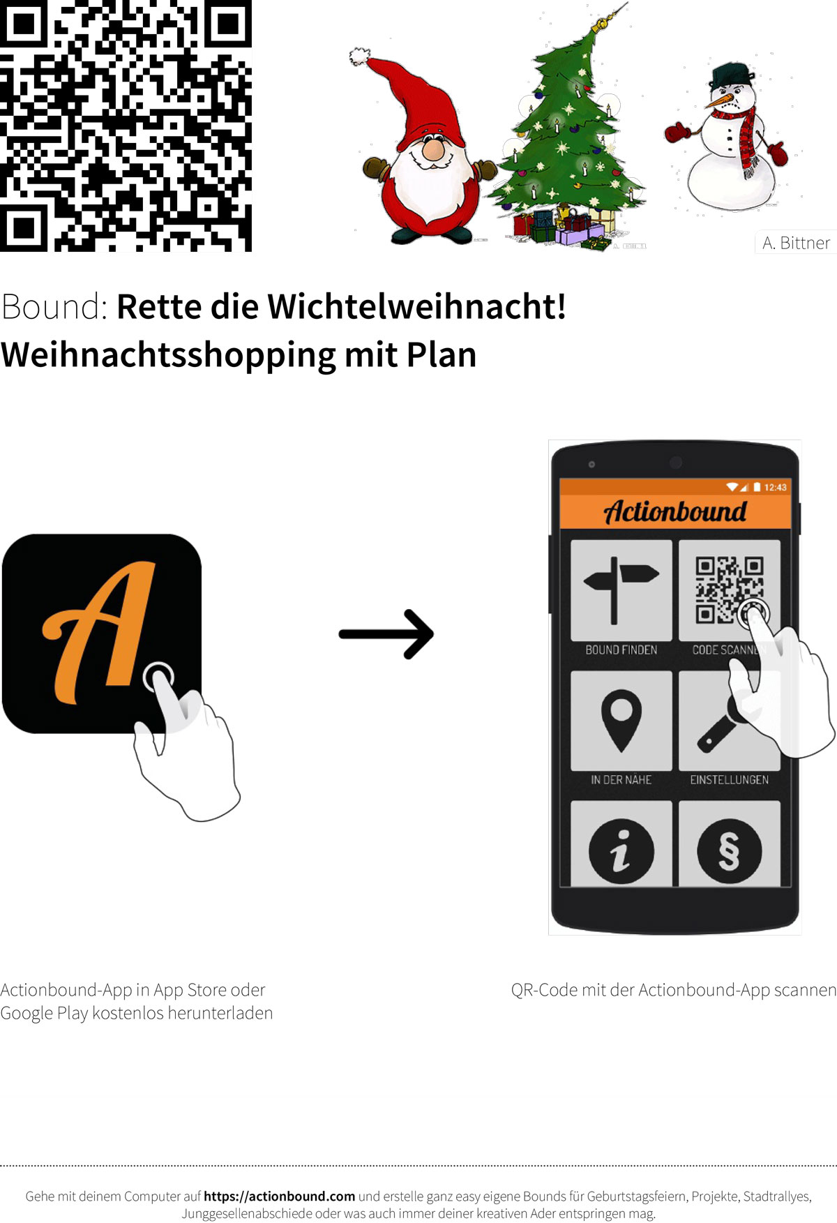 Startanleitung mit QR-Code für die Smartphone-Rallye "Rette die Wichtelweihnacht!"