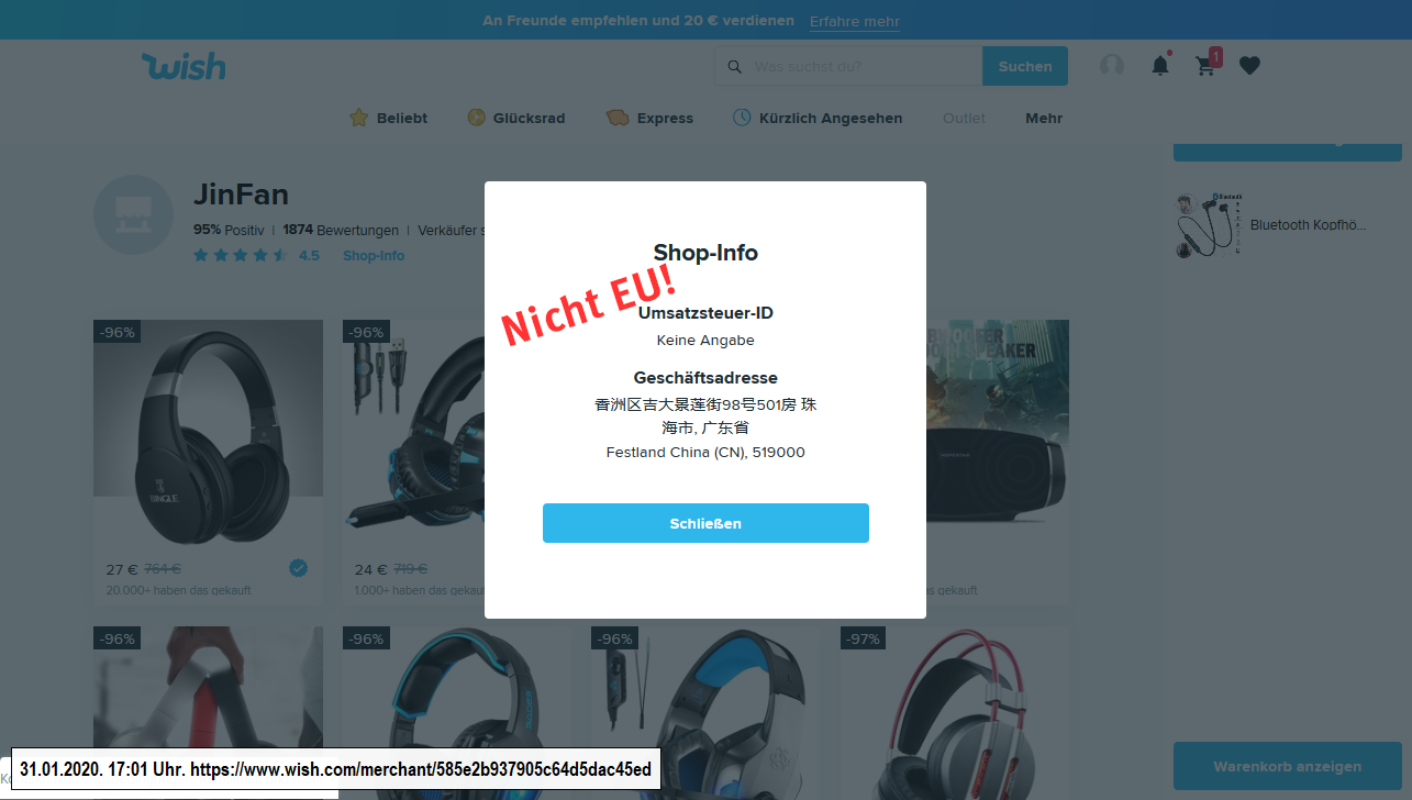 Screenshot Shop-Info auf der Bestellplattform Wish (31.1.2020)