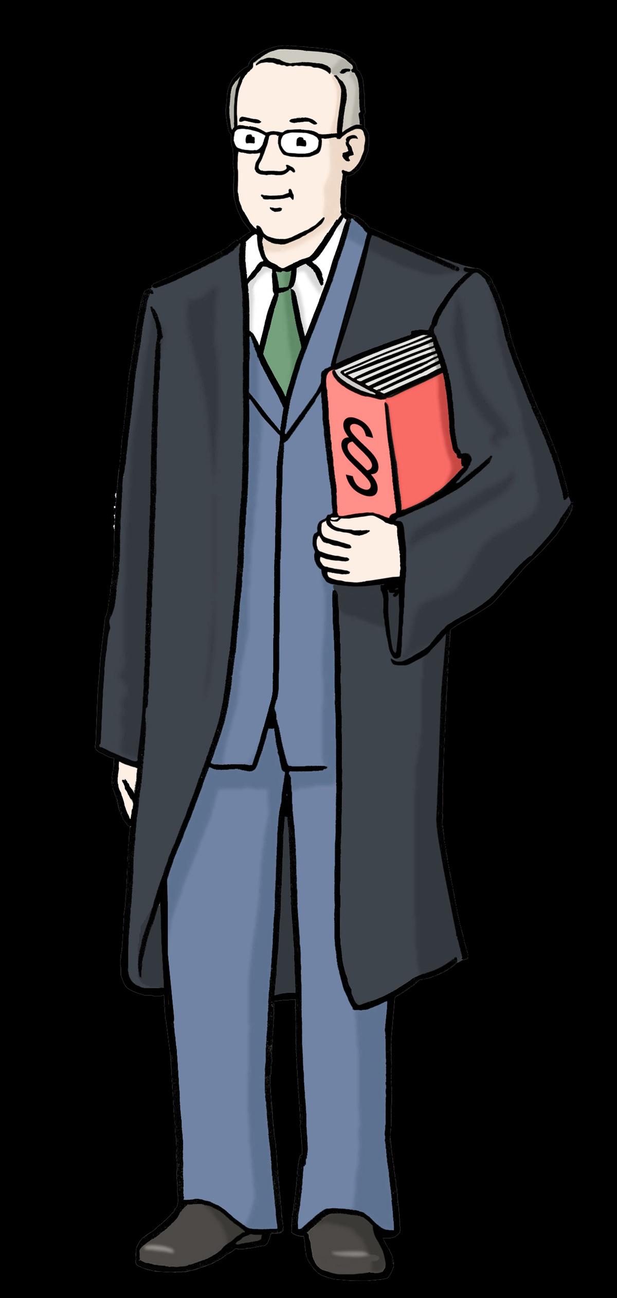 Anwalt mit Robe und Gesetzbuch unterm Arm