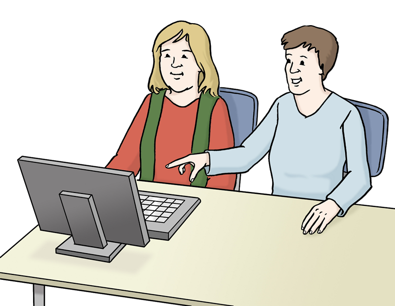 Zwei Personen sitzen an einem Computer (Zeichnung)