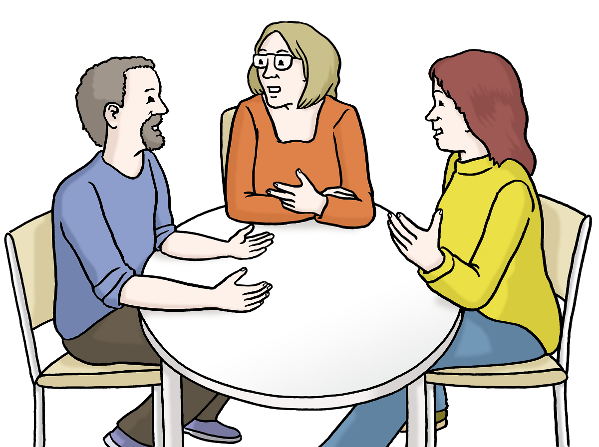 Drei Personen sitzen an einem Tisch (Zeichnung)