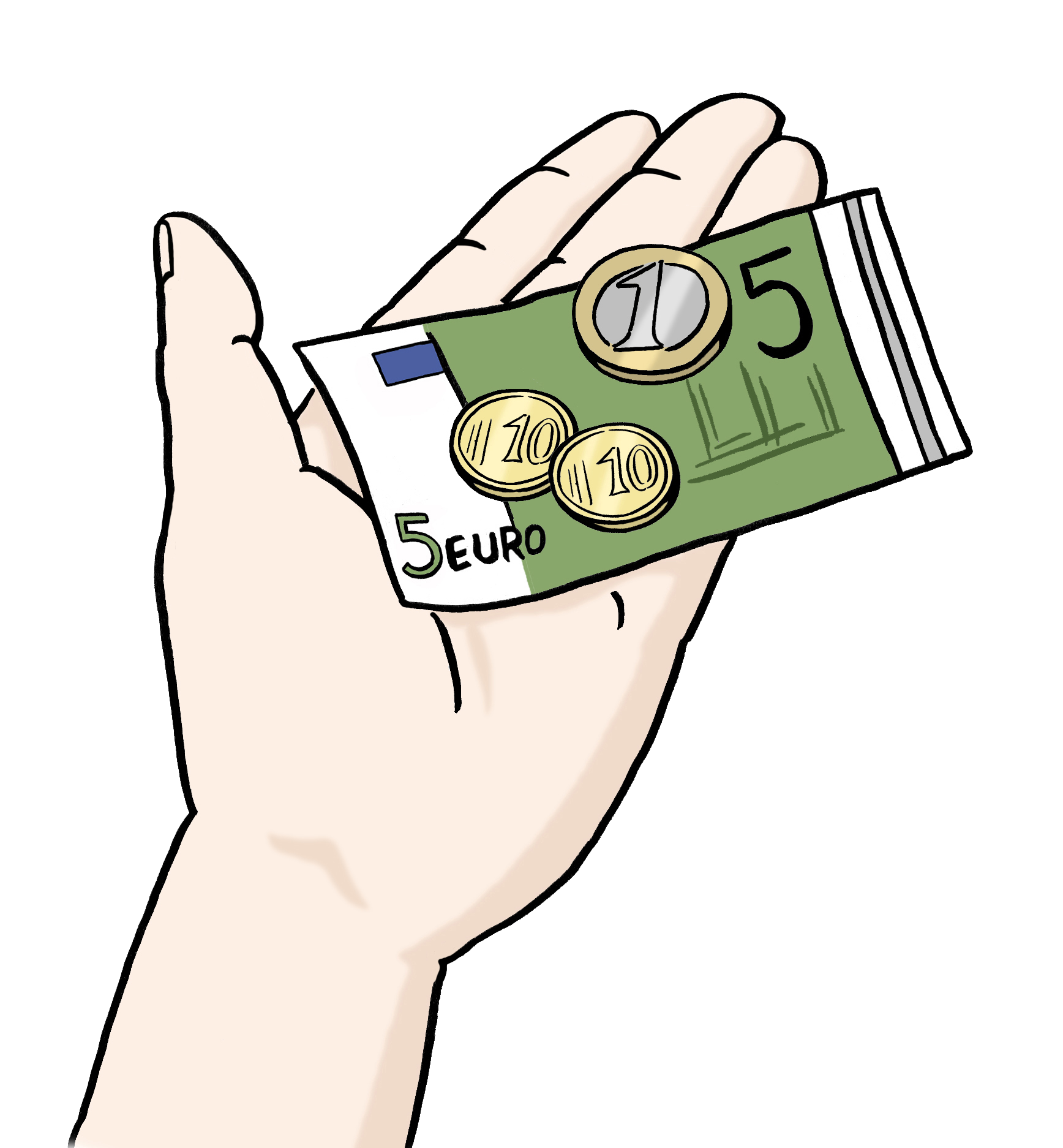 Eine gezeichnete Hand mit Geld in der Handfläche.