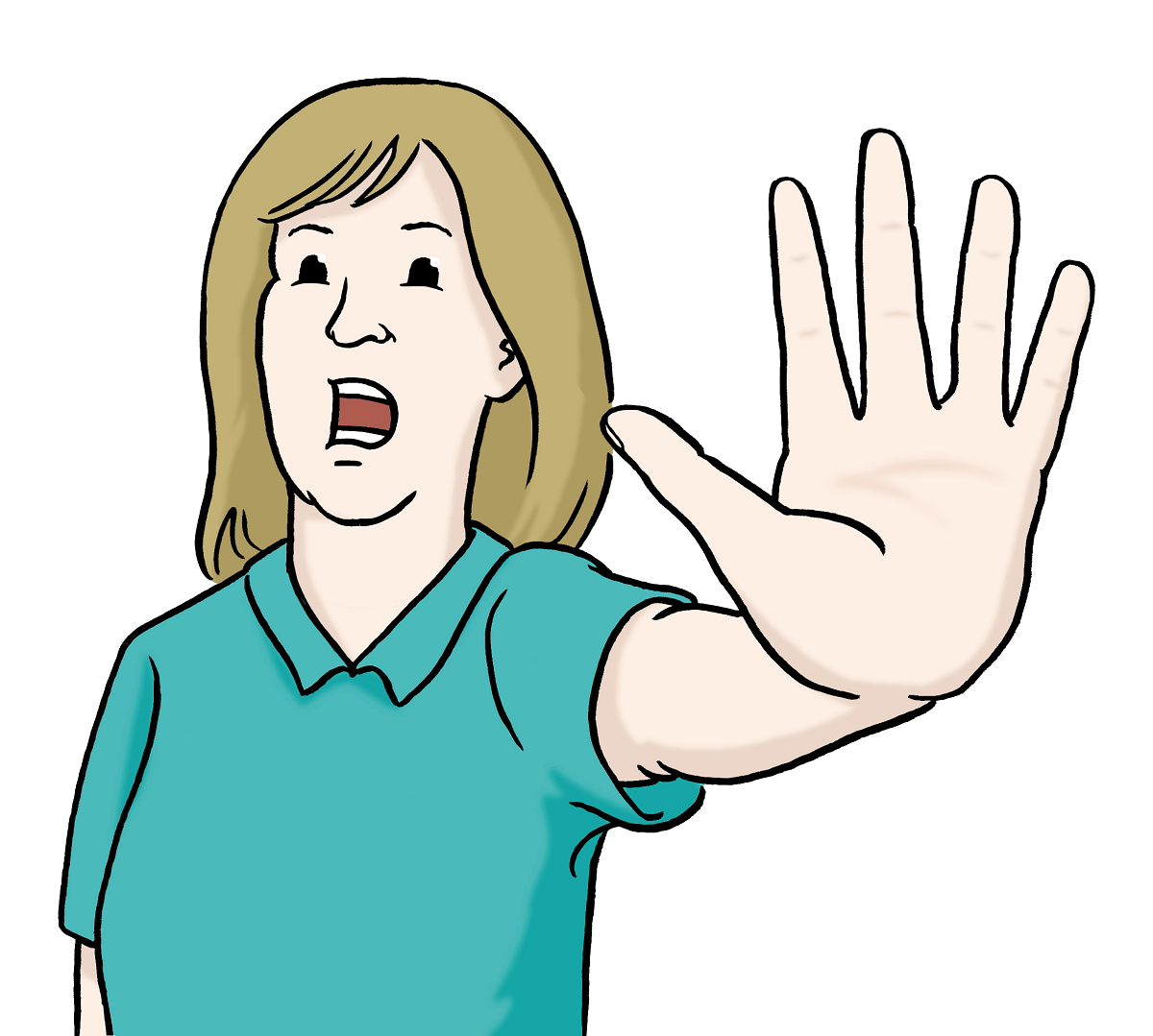 Zeichnung einer Frau, die abwehrend die Hand nach vorne streckt.
