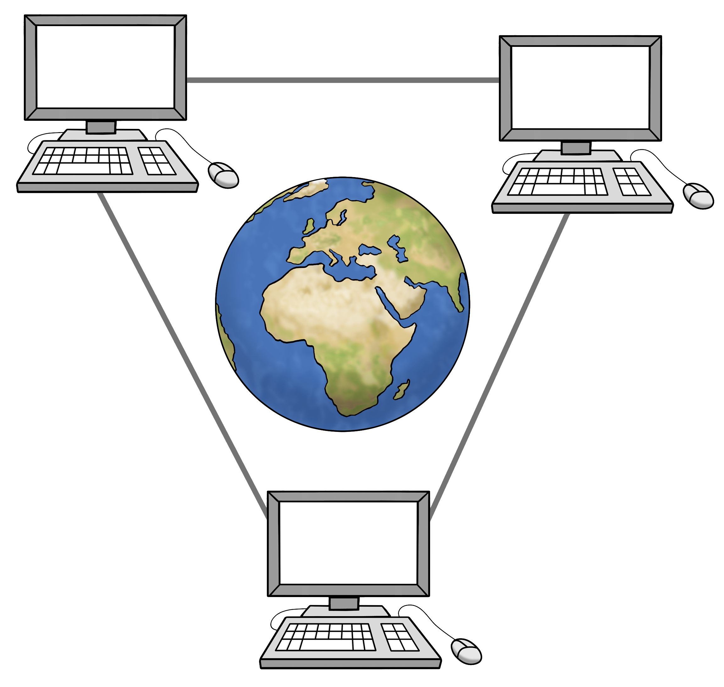 Mehrer Computer stehen im Kreis um eien Welt herum (Zeichnung).
