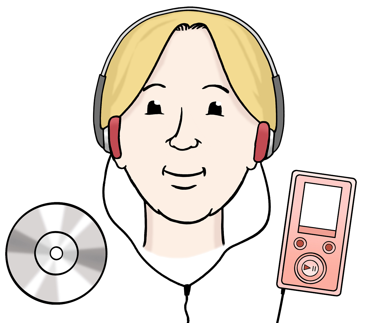 Zeichnung einer Frau mit Kopfhörern und einer CD.