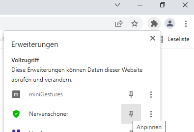 Bildschirmfoto zeigt Bedienung des Überhangmenüs bei Chrome