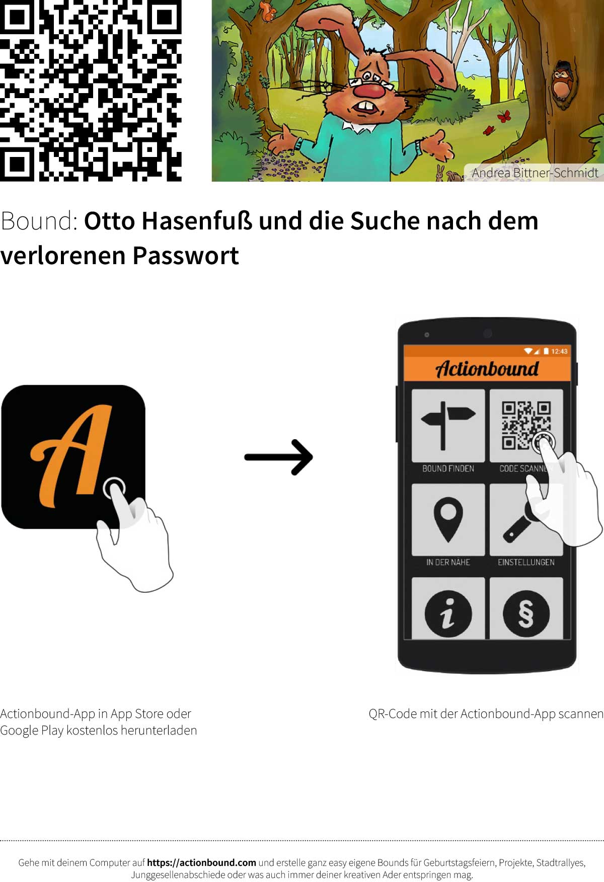 Startanleitung mit QR Code Smartphone-Rallye "Otto Hasenfuß und die Suche nach dem verlorenen Passwort"