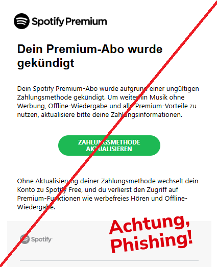 Screenshot einer E-Mail mit Logo von Spotify und Text: "Dein Premium-Abo wurde gekündigt Dein Sроtіfу Premium-Abo wurde aufgrund einer ungültigen Zahlungsmethode gekündigt. Um weiterhin Musik ohne Werbung, Offline-Wiedergabe und alle Premium-Vorteile zu nutzen, aktualisiere bitte deine Zahlungsinformationen. Zahlungsmethode aktualisieren Ohne Aktualisierung deiner Zahlungsmethode wechselt dein Konto zu Sроtіfу Free, und du verlierst den Zugriff auf Premium-Funktionen wie werbefreies Hören und Offline-Wiedergabe. SроtіfуLogo"