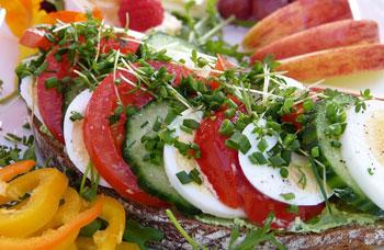 Ein Brot belegt mit Paprika, Tomaten, Eierscheiben
