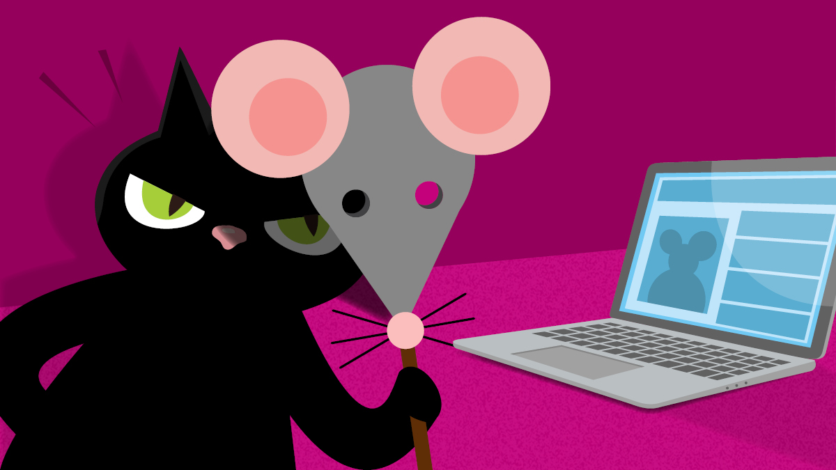 Visualisierung eines Identitätsmissbrauchs. EIne Katze hält sich eine Mäusemaske vors Gesicht.