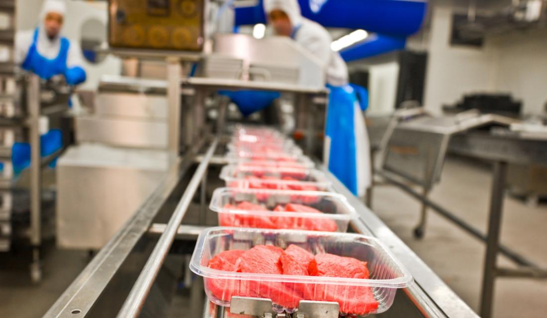 Maschinelle Herstellung von Fleisch: Im Vordergrund läuft ein Fließband mit fertigen Packungen.