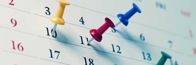 Die nächsten Schritte: Ein Kalender, farbige Pins markieren einzelne Tage  