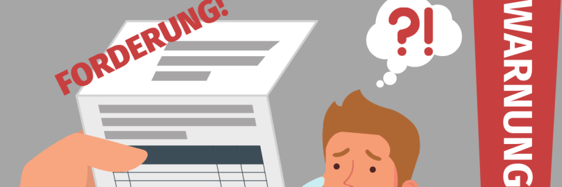 Eine Person hat beim Blick auf ein Forderungsschreiben Fragezeichen im Kopf. Daneben das Wort Warnung in einem Ausrufezeichen.