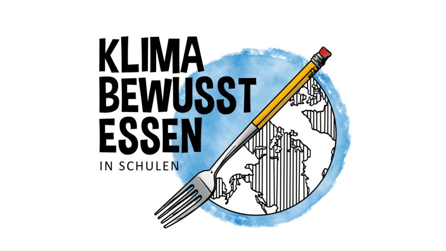 Klimabewusst essen in Schulen: Logo des Projekts mit einer Erdkugel und einer Gabel