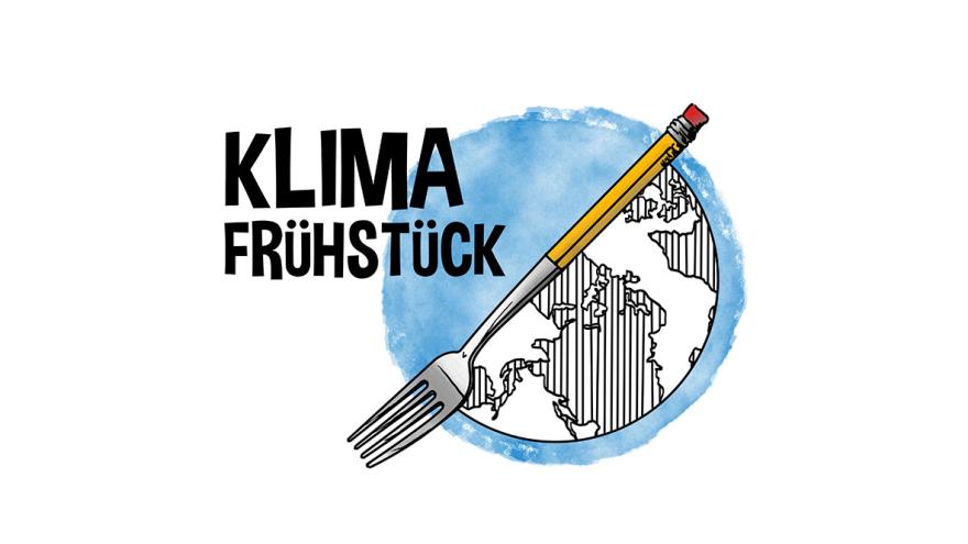 Signet der Unterrichtseinheit Klimafrühstück: Eine große Gabel vor einer Weltkugel 