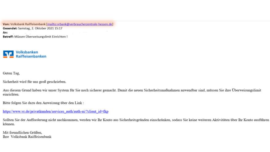 Screenshot einer Phishing-Mail mit gefälschtem Absender der Verbraucherzentrale Hessen