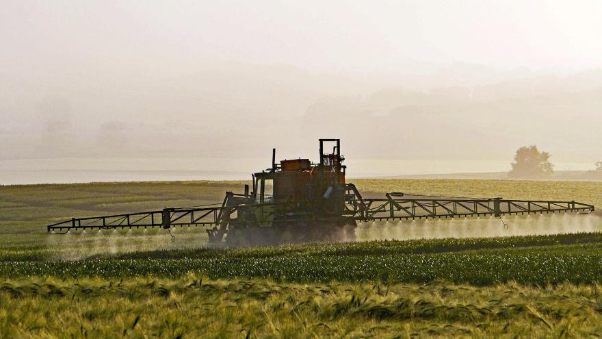 Landwirt sprüht Pflanzenschutzmittel auf eine großes Feld