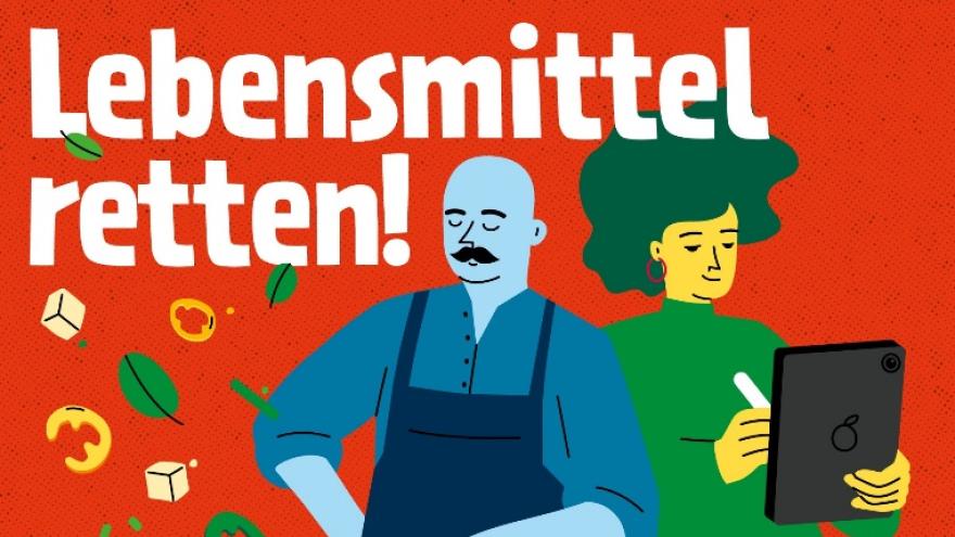 Darstellung der Aktion Lebensmittel retten: Ein Mann kocht während eine Frau sich dazu Notizen macht.