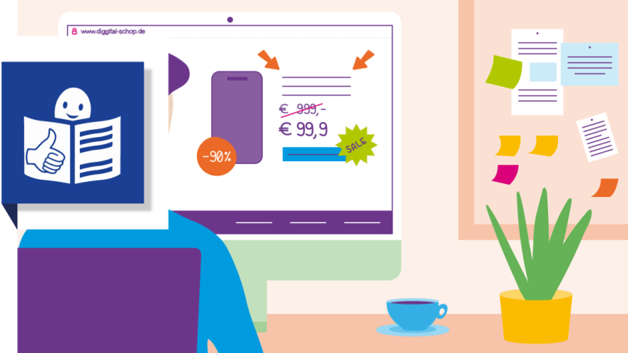 Eine Person vor einem Computer mit dem Symbol für Leichte Sprache daneben.