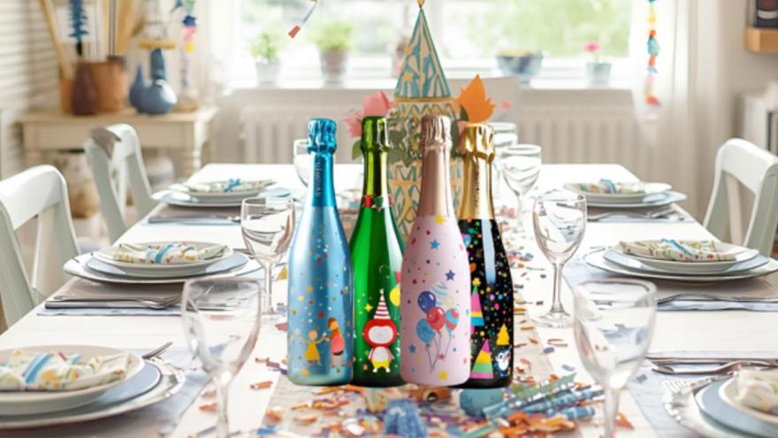 Ein festliche gedeckter Tisch mit Sektflaschen in kindgerechter Aufmachung 