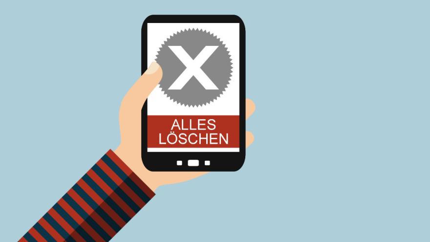 Grafische Darstellung eines Smartphones in einer Hand, auf dessen Display "alles löschen" steht.