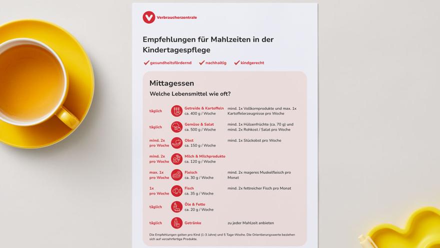 Handlungsempfehlungen zu Mahlzeiten in der Kindertagespflege liegen auf einem Tisch neben einer Tasse mit Tee und einem Kugelschreiber