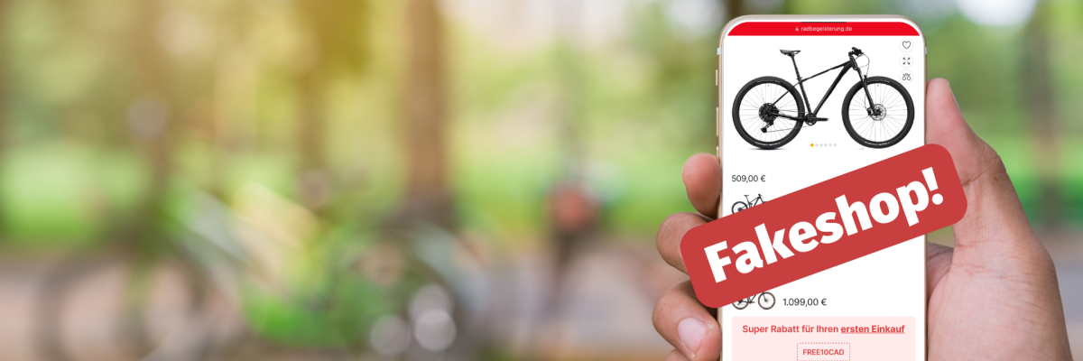 Smartphone, auf dem ein Fahrrad-Fakeshop aufgerufen ist