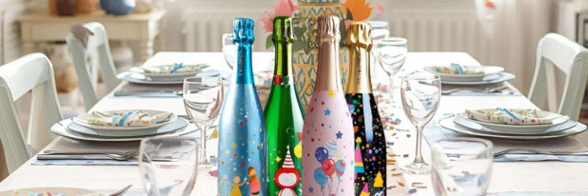 Ein festliche gedeckter Tisch mit Sektflaschen in kindgerechter Aufmachung 