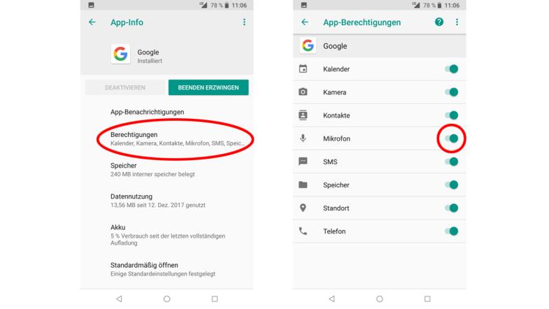 Screenshots von einem Android-Smartphone: Einstellungen der App-Berechtigungen