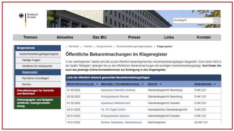 Screenshot der Webseite des Bundesjustizamts: Übersicht aktueller Musterfeststellungsklagen