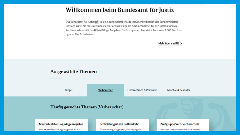 Screenshot der Webseite des Bundesjustizamts: Startseite unterer Bereich, Reiter "Verbraucher"