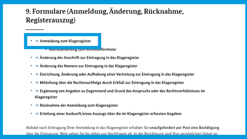 Screenshot der Webseite des Bundesjustizamts: Informationen zur Musterfeststellungsklage