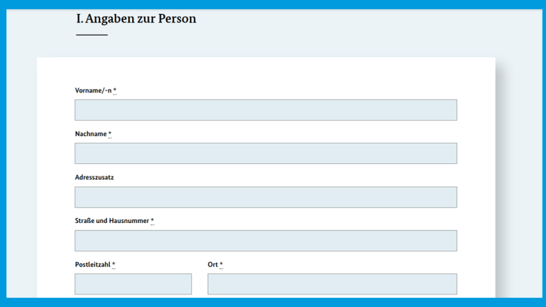 Screenshot der Webseite des Bundesjustizamts: Angabe der persönlichen Daten im Formular