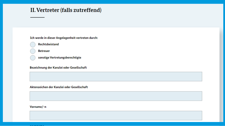 Screenshot der Webseite des Bundesjustizamts: Angabe eines Vertreters im Formular