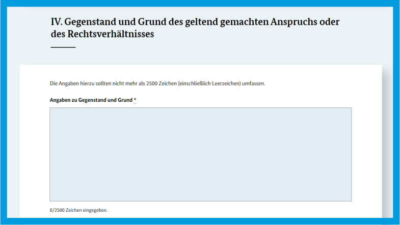 Screenshot der Webseite des Bundesjustizamts: Angaben zum Klagegrund im Formular