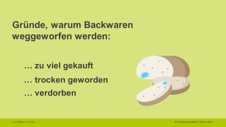 Gründe, warum Backwaren weggeworfen werden: zu viel gekauft/trocken geworden/verdorben